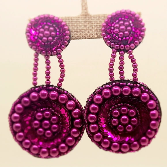 Handmade purple seed bead sequins clip on double drop party fahion earrings - Picture 6 of 6